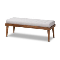 Baxton Studio BBT5363-Greyish Beige-Bench Linus Mid-Century Modern Greyish Beige Fabric Upholstered and Button Tufted Wood Bench